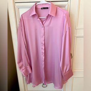 Zara Pink Silk Oversized Button Up Top